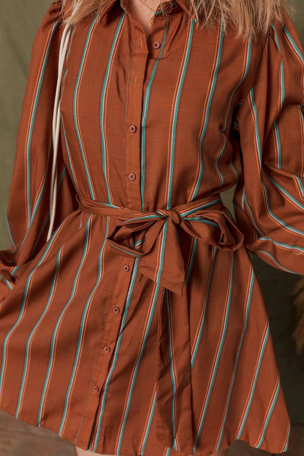 Cinnamon Long Puff Sleeve Belted Mini Shirt Dress