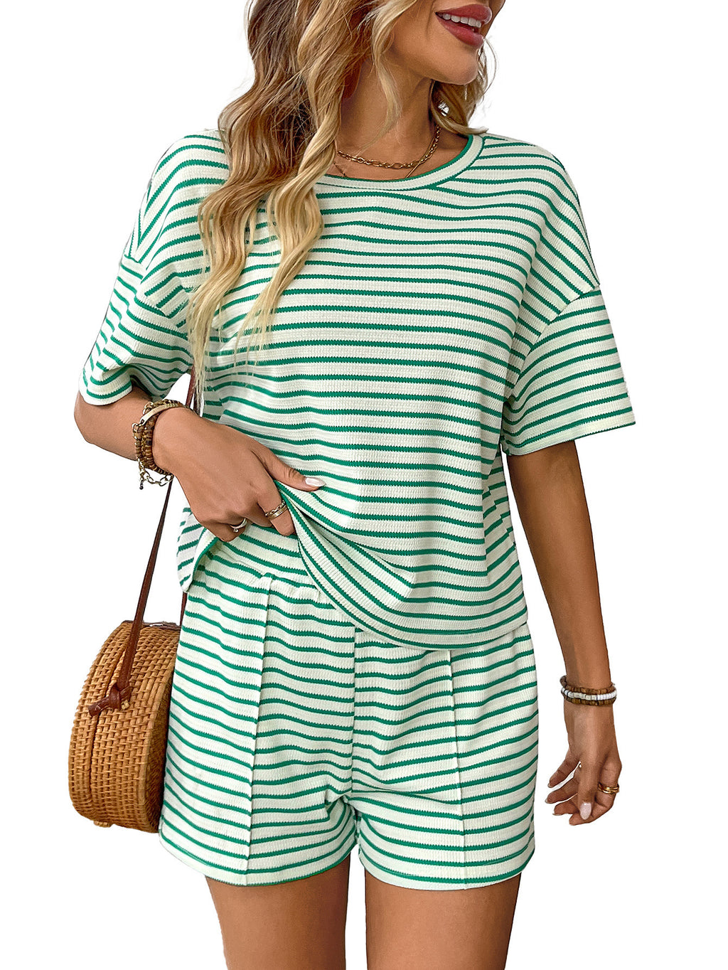 Women's Knitted Striped Fashion Casual Shorts Sports Suit