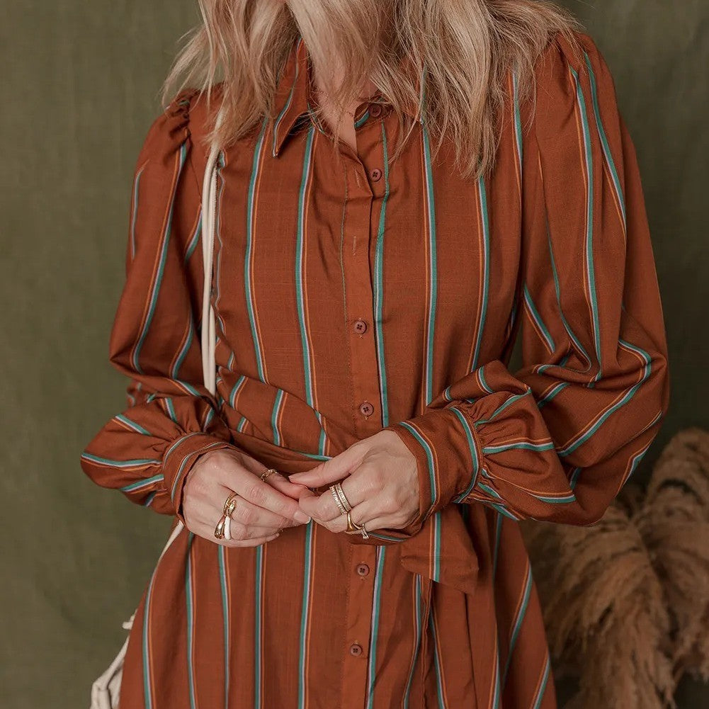 Cinnamon Long Puff Sleeve Belted Mini Shirt Dress