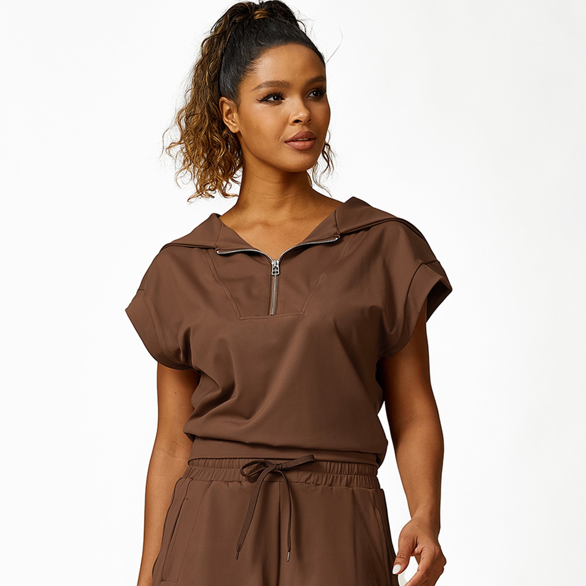 Loose Half Zipper And Lapel Sleeveless Top Casual Trousers Lace-up Shorts Three-piece Set