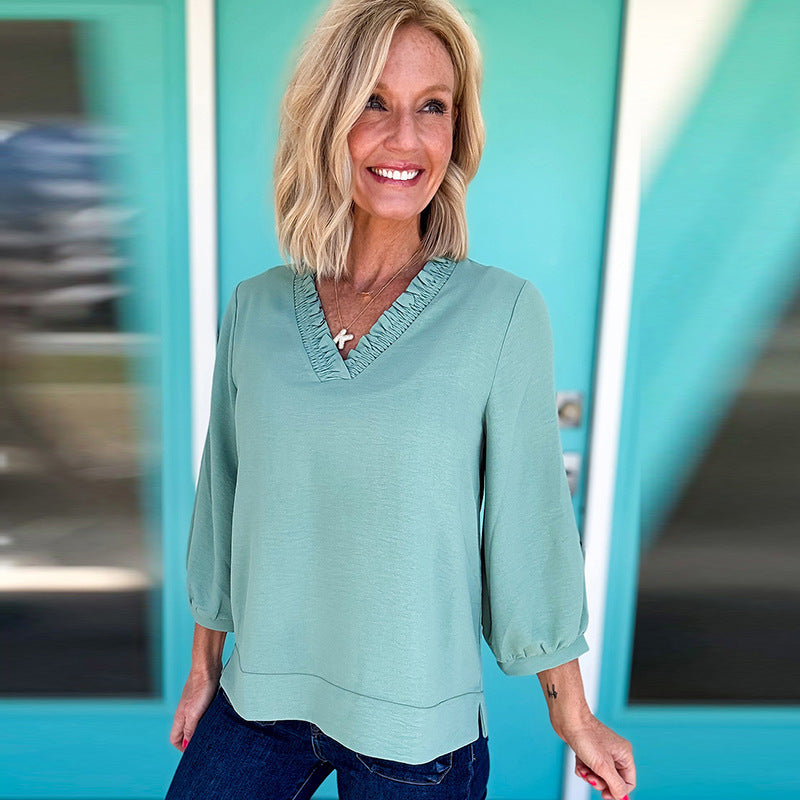 Solid Color And V-neck Women's Loose Casual Chiffon Shirt Top