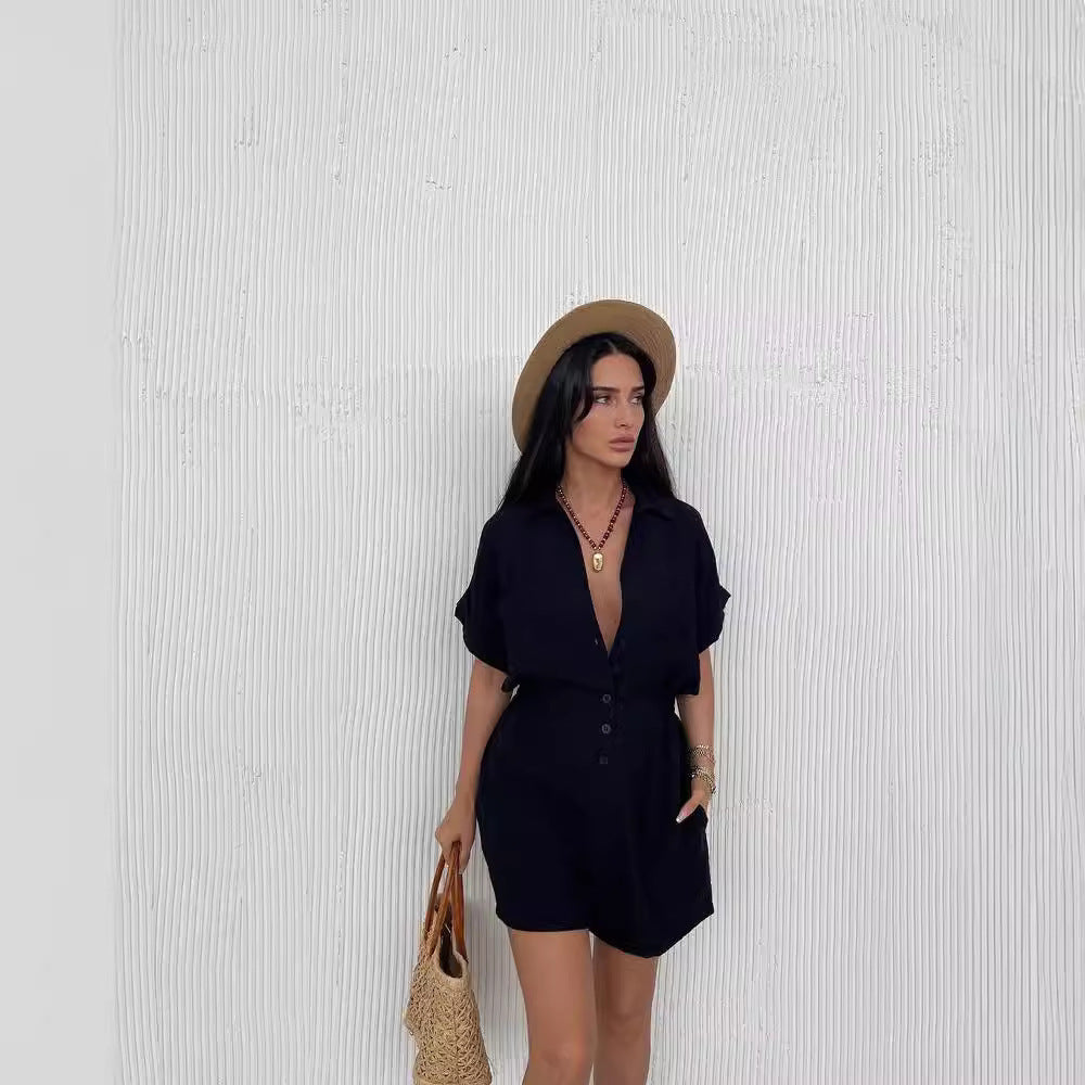 Solid Color Short Sleeve Casual Loose One-piece Shorts Suit