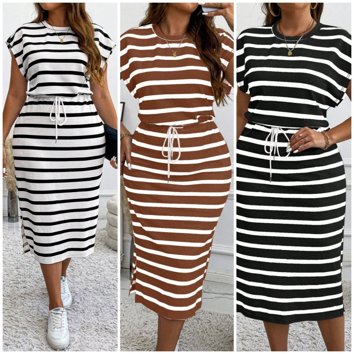 Round Neck Printed Tether Short Sleeve Dress