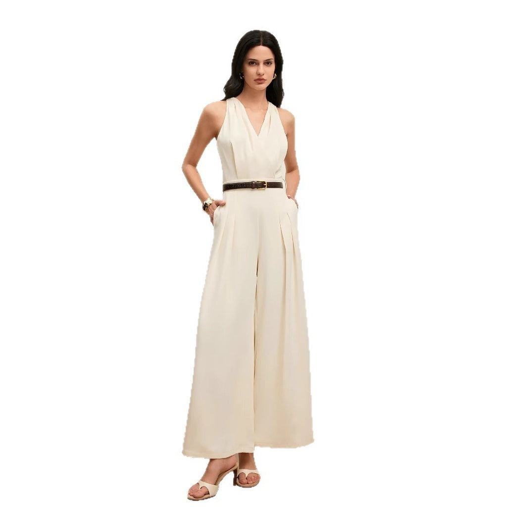 Women's Solid Color And V-neck Sleeveless Fashion Casual Jumpsuit
