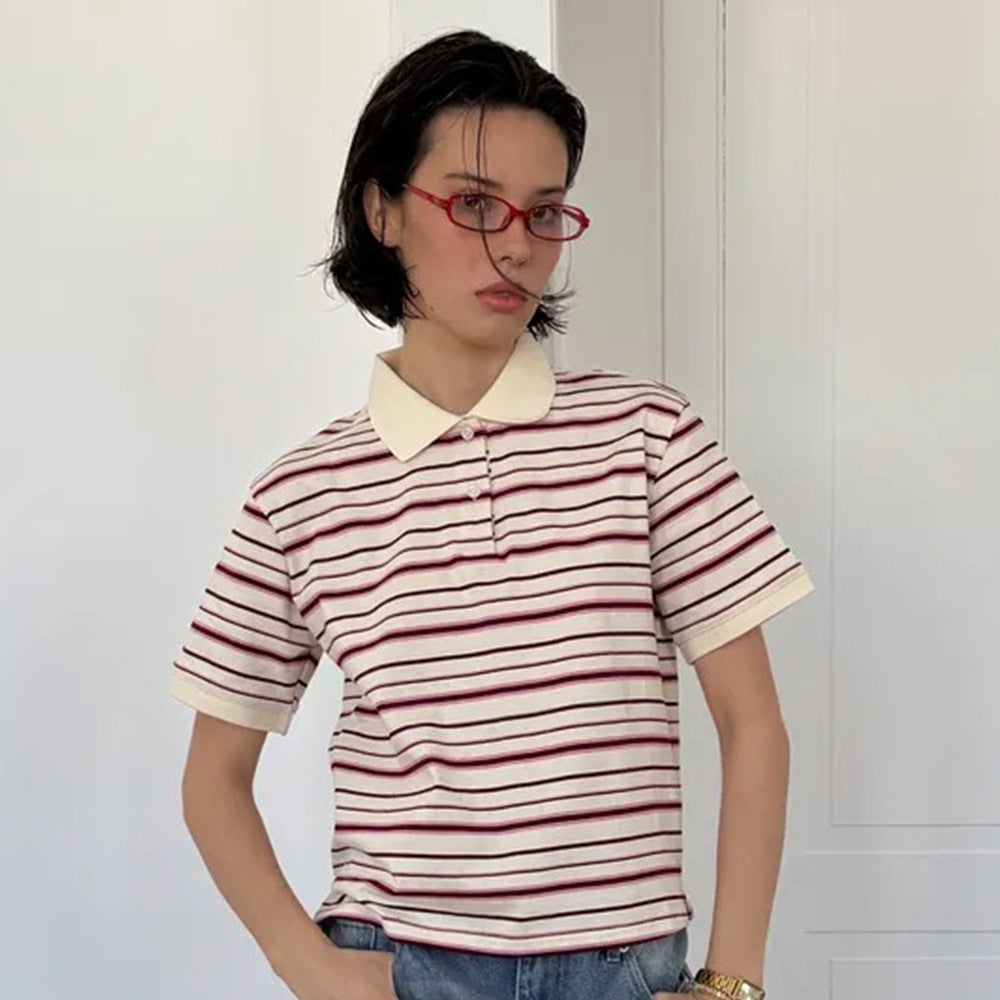 Striped Short-sleeved T-shirt Retro Contrast Color Polo Shirt