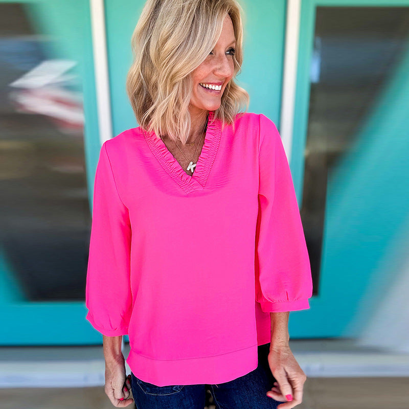 Solid Color And V-neck Women's Loose Casual Chiffon Shirt Top