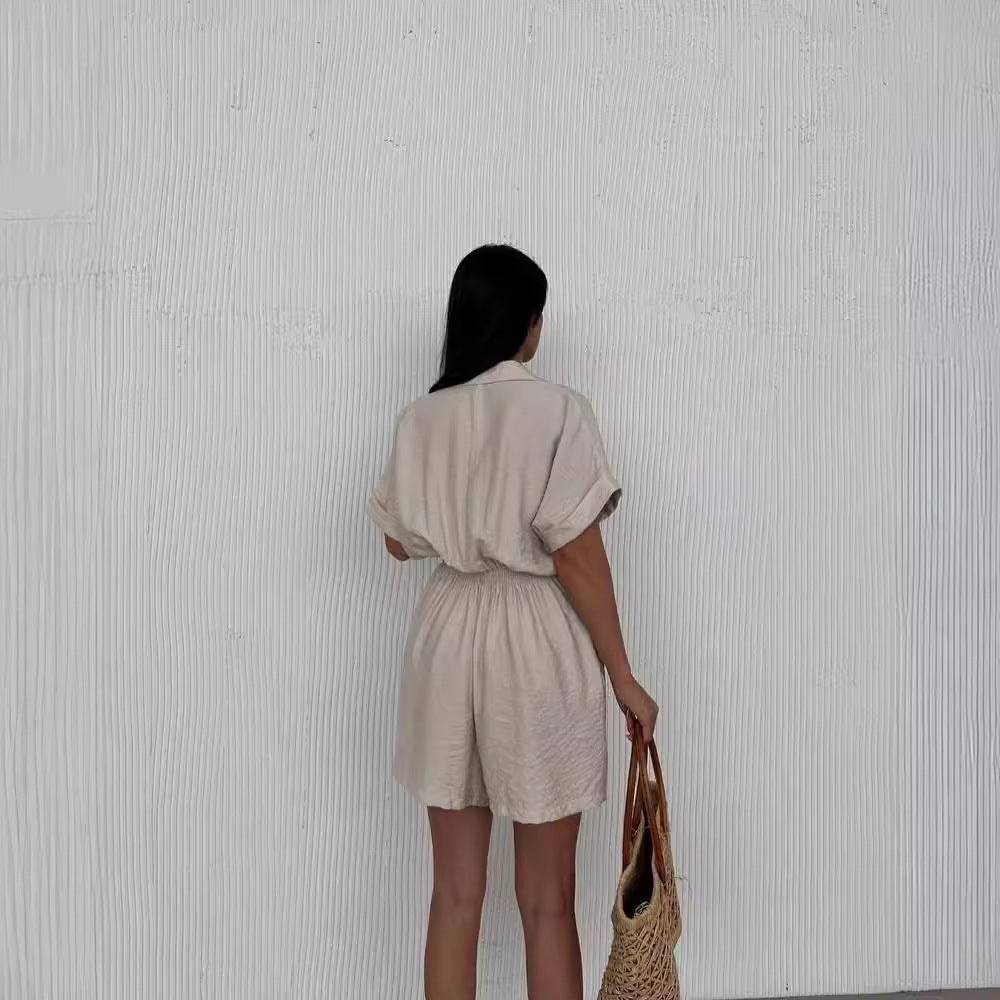 Solid Color Short Sleeve Casual Loose One-piece Shorts Suit