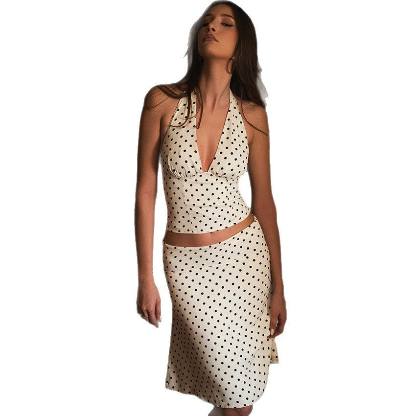 Summer New Polka Dot Halter Spaghetti Straps High Waist Skirt Two-piece Set For Women