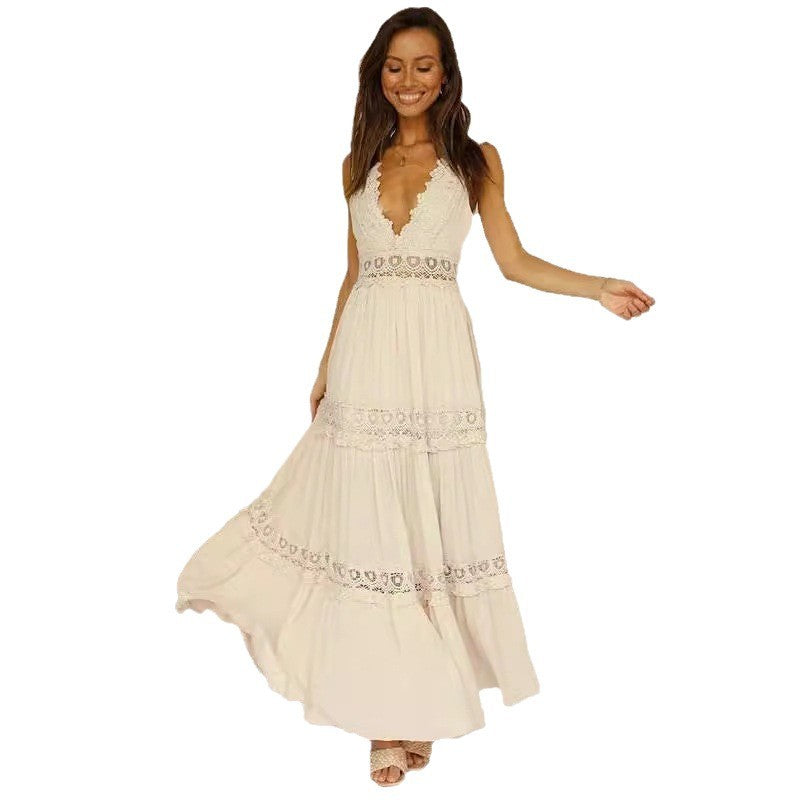 Fashion Lace V-neck Temperament Commute Lace Mid Waist Temperament V-neck Mid-length Dress