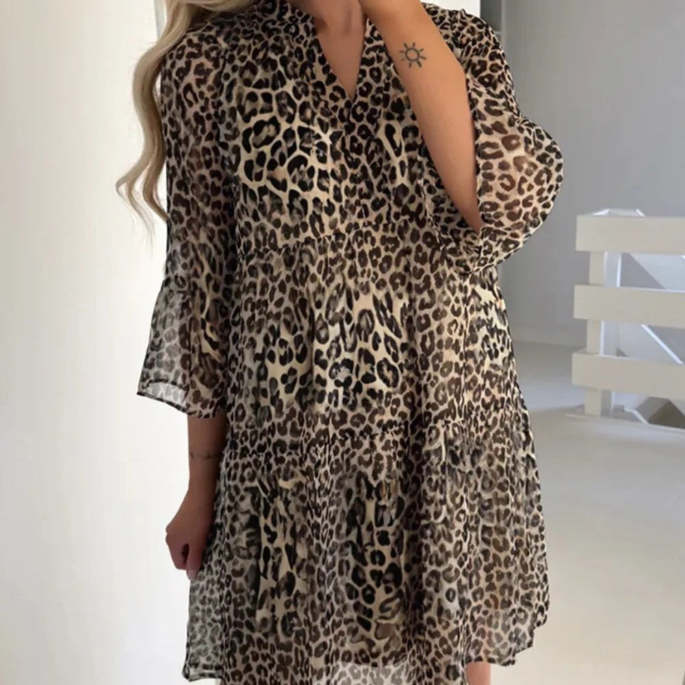 Khaki Leopard Sleeve V Neck Swing Dress
