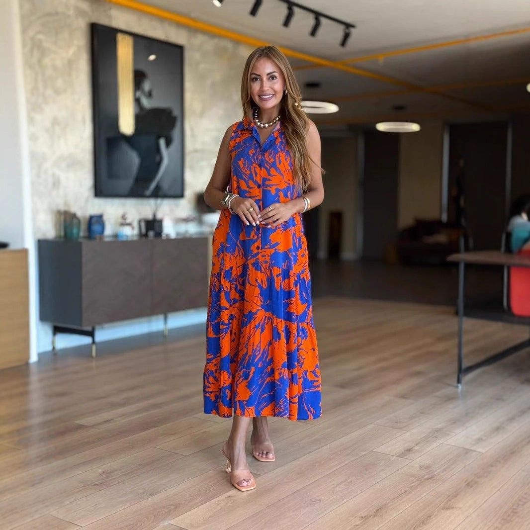 Fashion V-neck Sleeveless Printed Bohemian Dress
