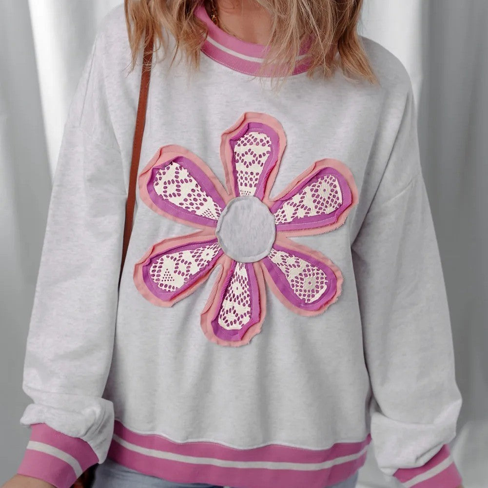 Gray Flower Patch Contrast Trim Crew Neck Sweatshirt