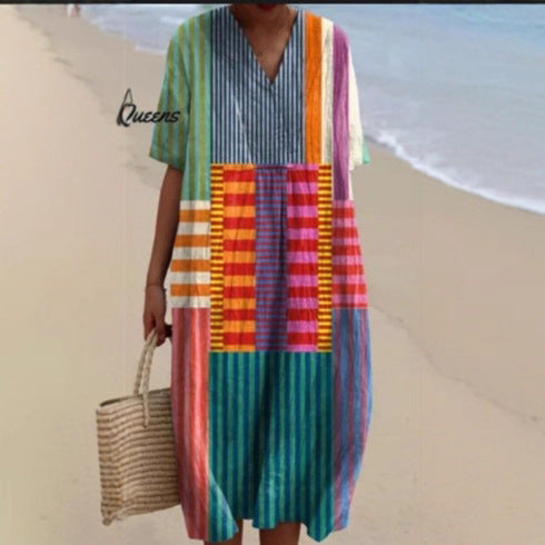 Creative Women Loose Printed V-neck Dress