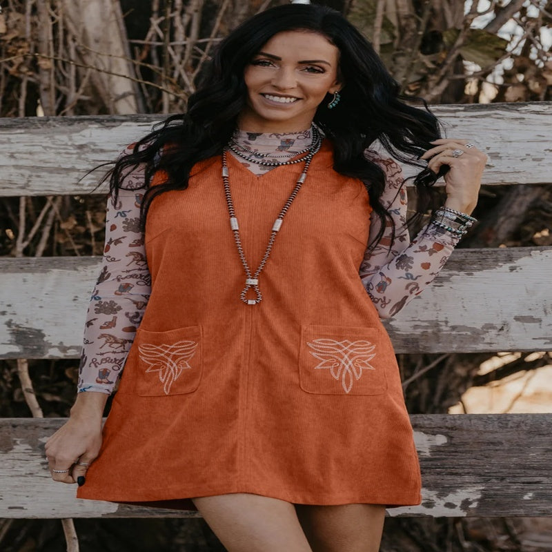 Gold Flame Corduroy Western Embroidered Patched Pocket Sleeveless Mini Dress