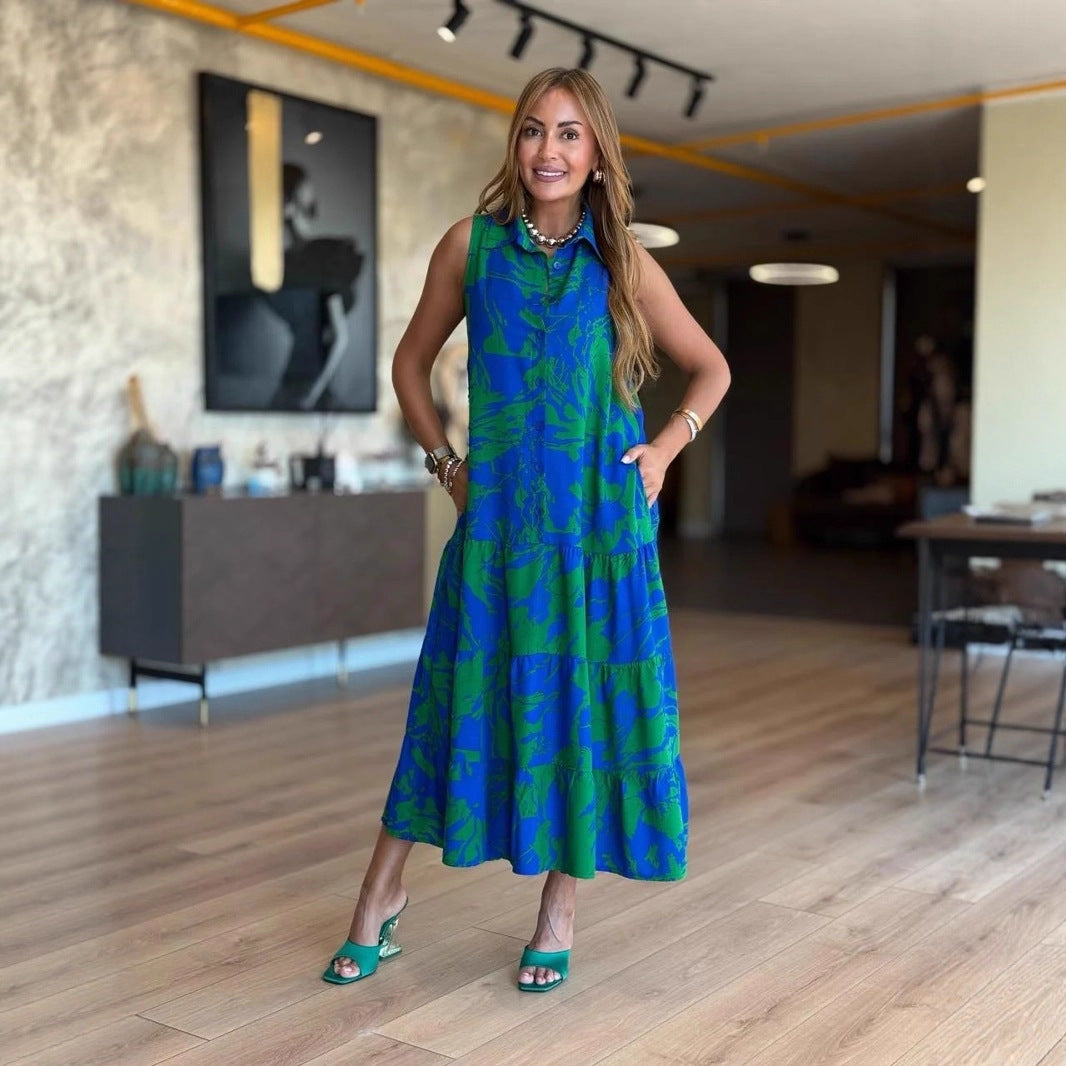 Fashion V-neck Sleeveless Printed Bohemian Dress