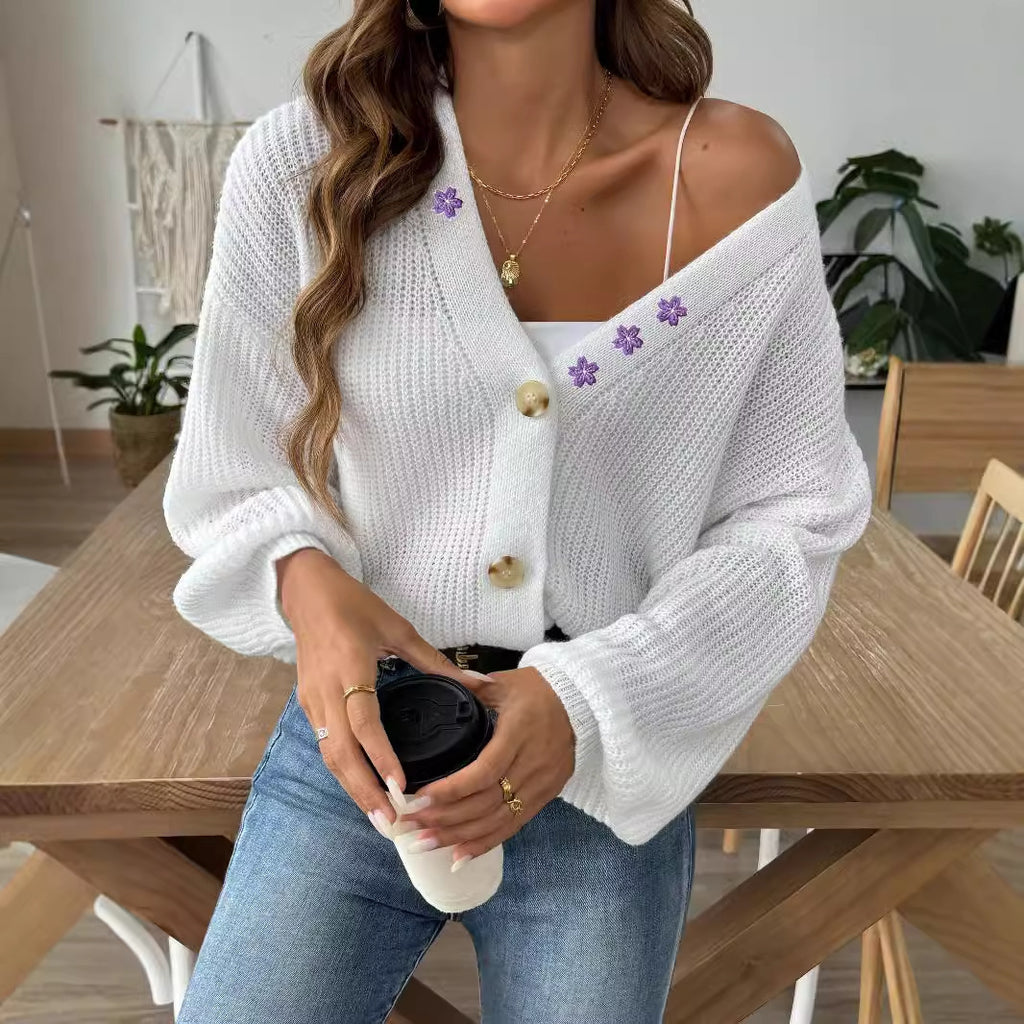 Embroidered Stickers Short Button Coat Sweater Cardigan