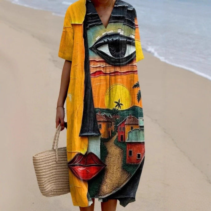 Creative Women Loose Printed V-neck Dress