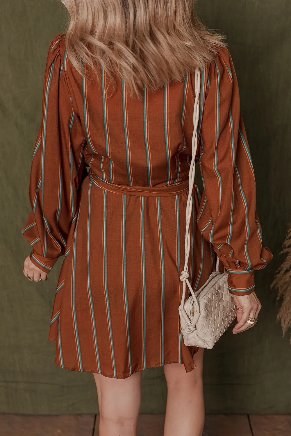 Cinnamon Long Puff Sleeve Belted Mini Shirt Dress