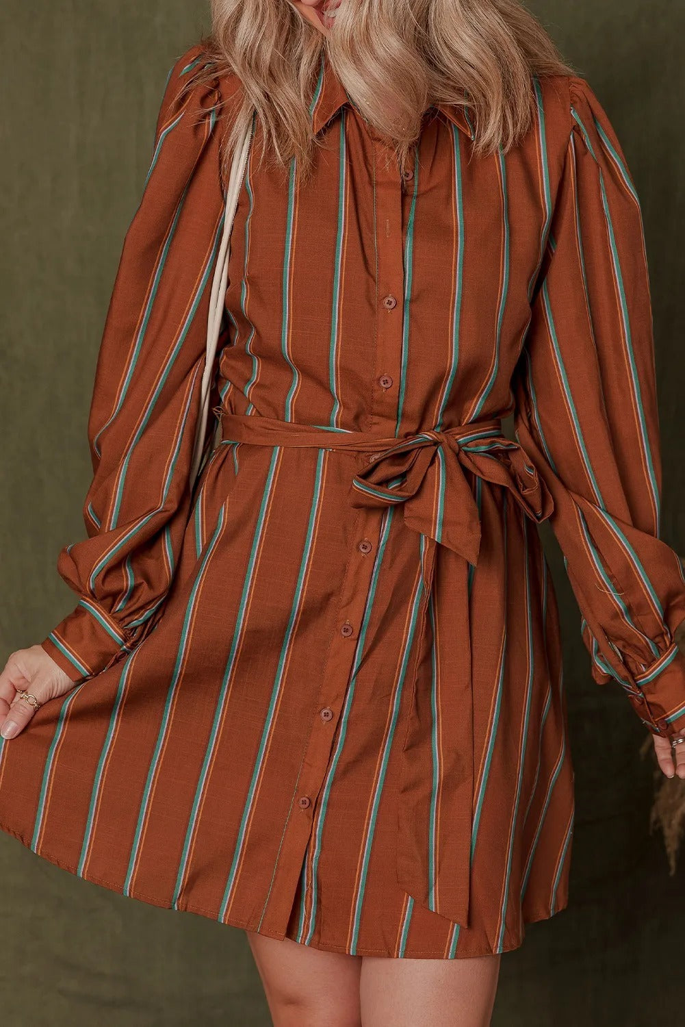 Cinnamon Long Puff Sleeve Belted Mini Shirt Dress