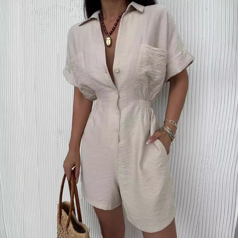 Solid Color Short Sleeve Casual Loose One-piece Shorts Suit