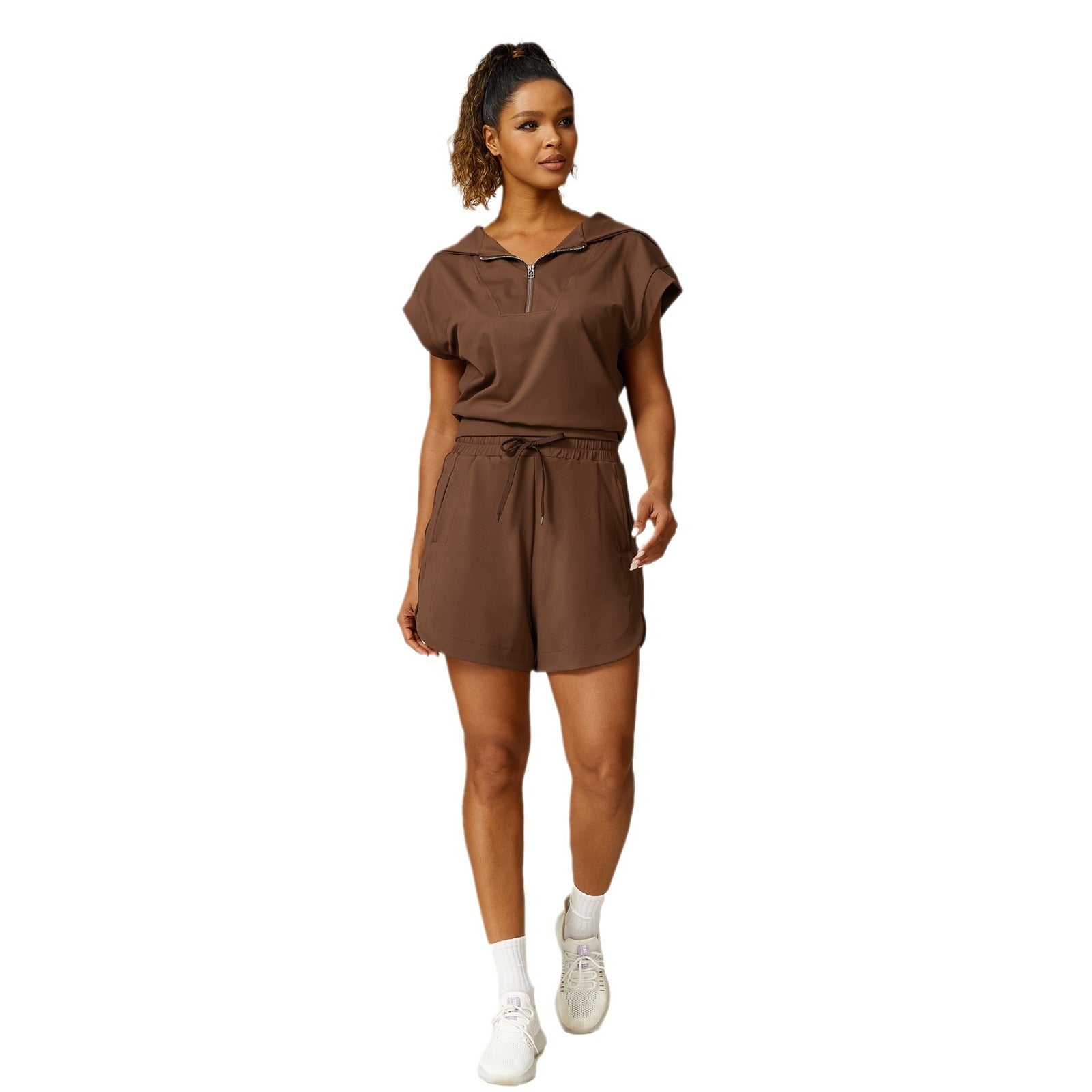 Loose Half Zipper And Lapel Sleeveless Top Casual Trousers Lace-up Shorts Three-piece Set