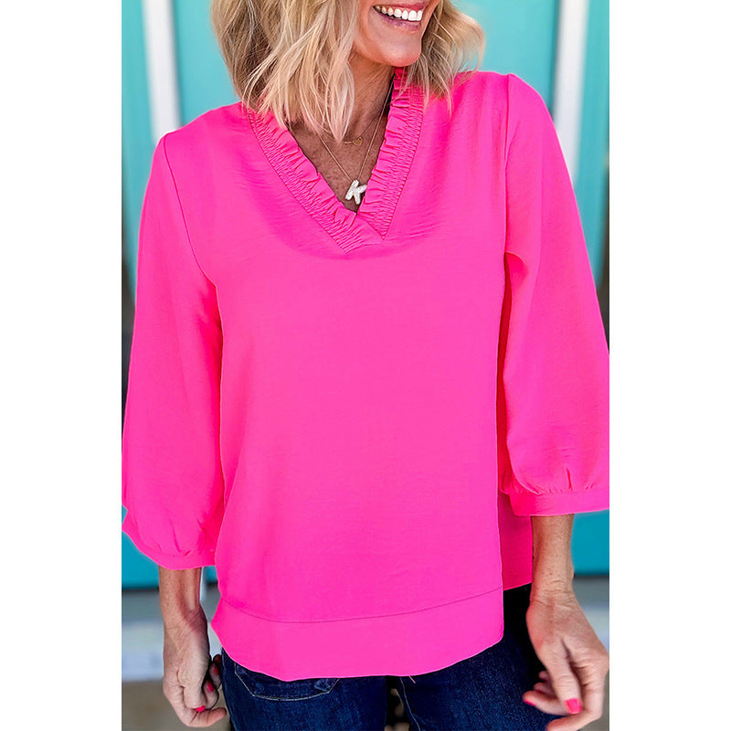 Solid Color And V-neck Women's Loose Casual Chiffon Shirt Top