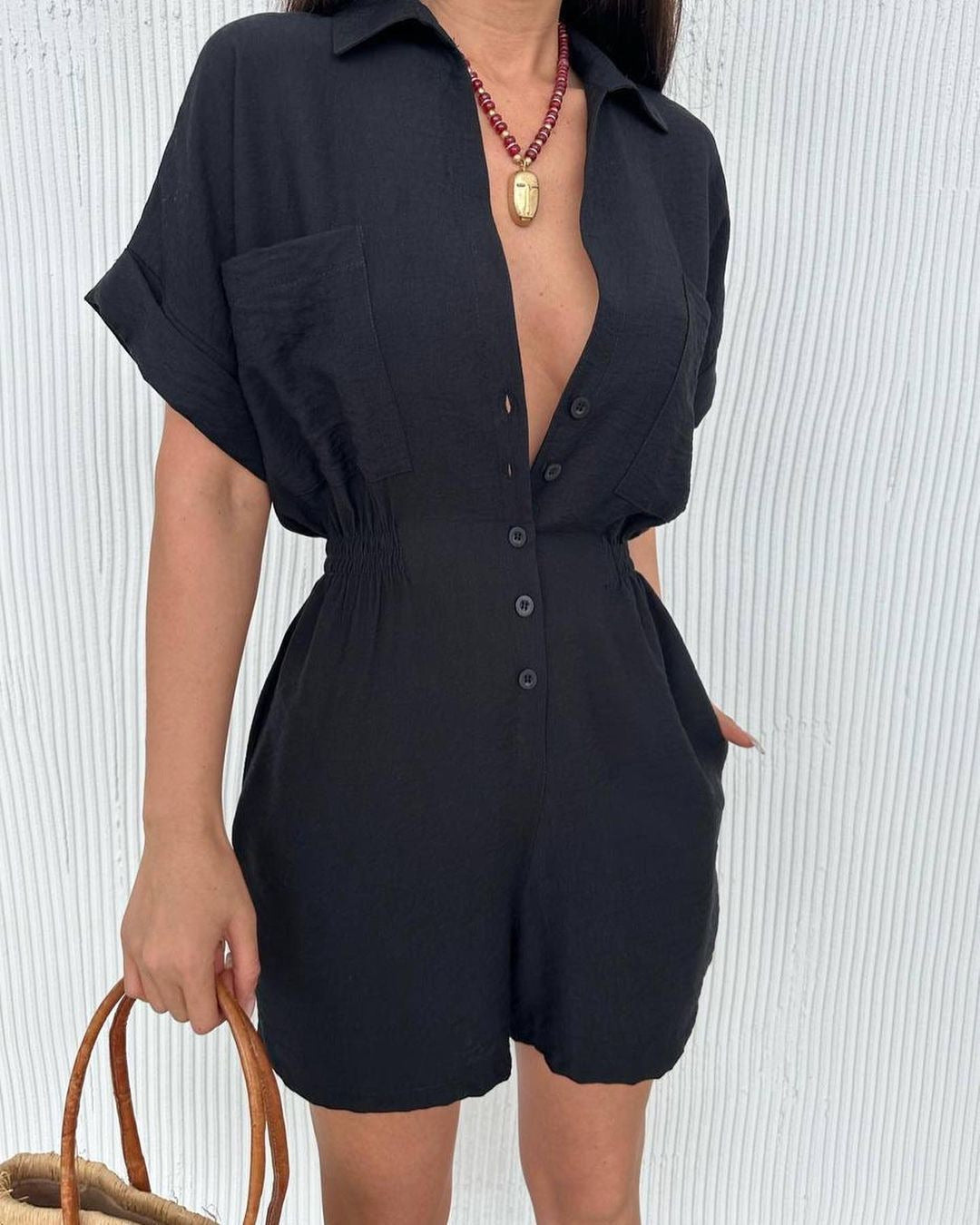Solid Color Short Sleeve Casual Loose One-piece Shorts Suit