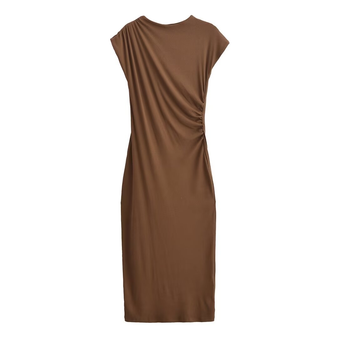 Spring And Summer New Round Neck Short Sleeve Pleated Dress Women