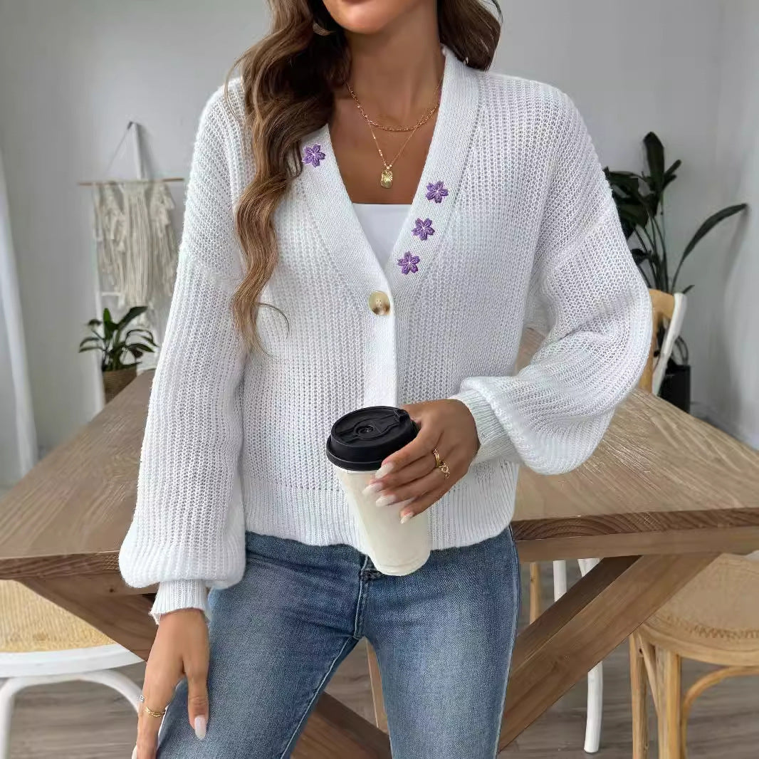 Embroidered Stickers Short Button Coat Sweater Cardigan