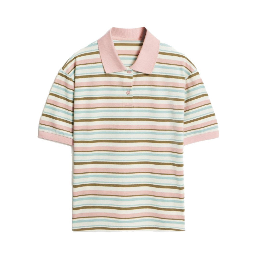 Striped Short-sleeved T-shirt Retro Contrast Color Polo Shirt