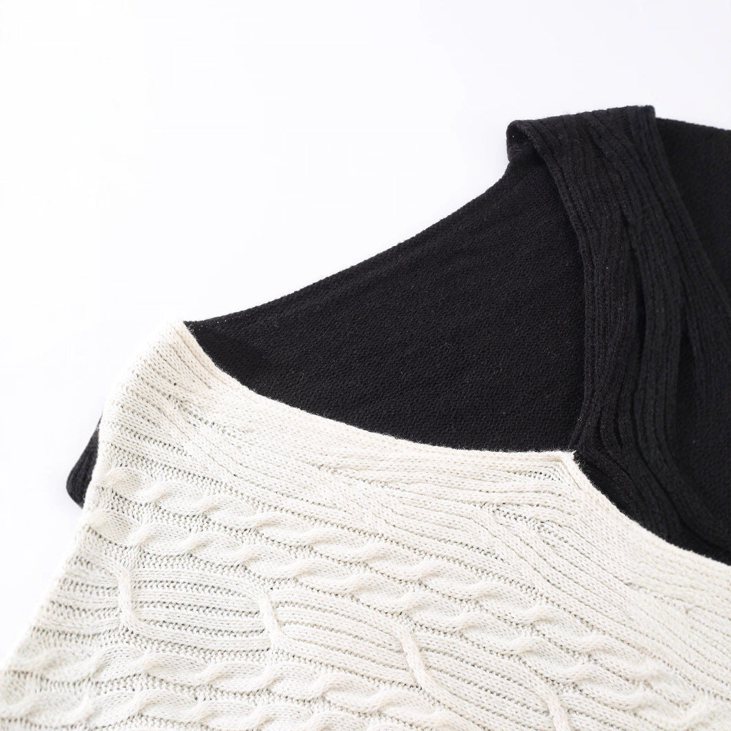 Plus Size Women's Black And White Contrast Color V-neck Long-sleeve Knitwear Top
