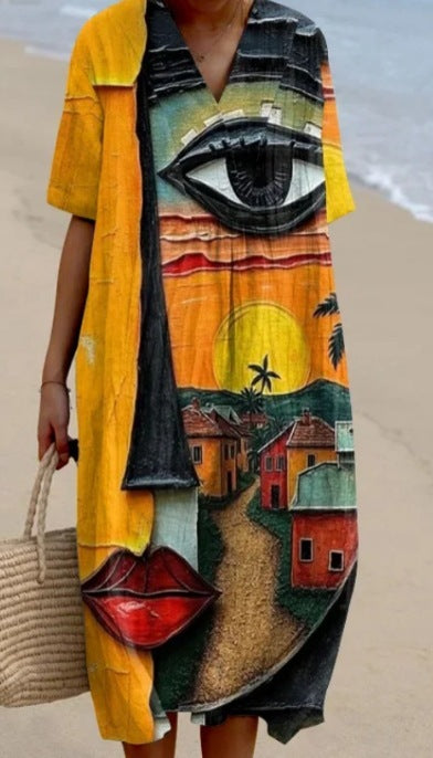 Creative Women Loose Printed V-neck Dress