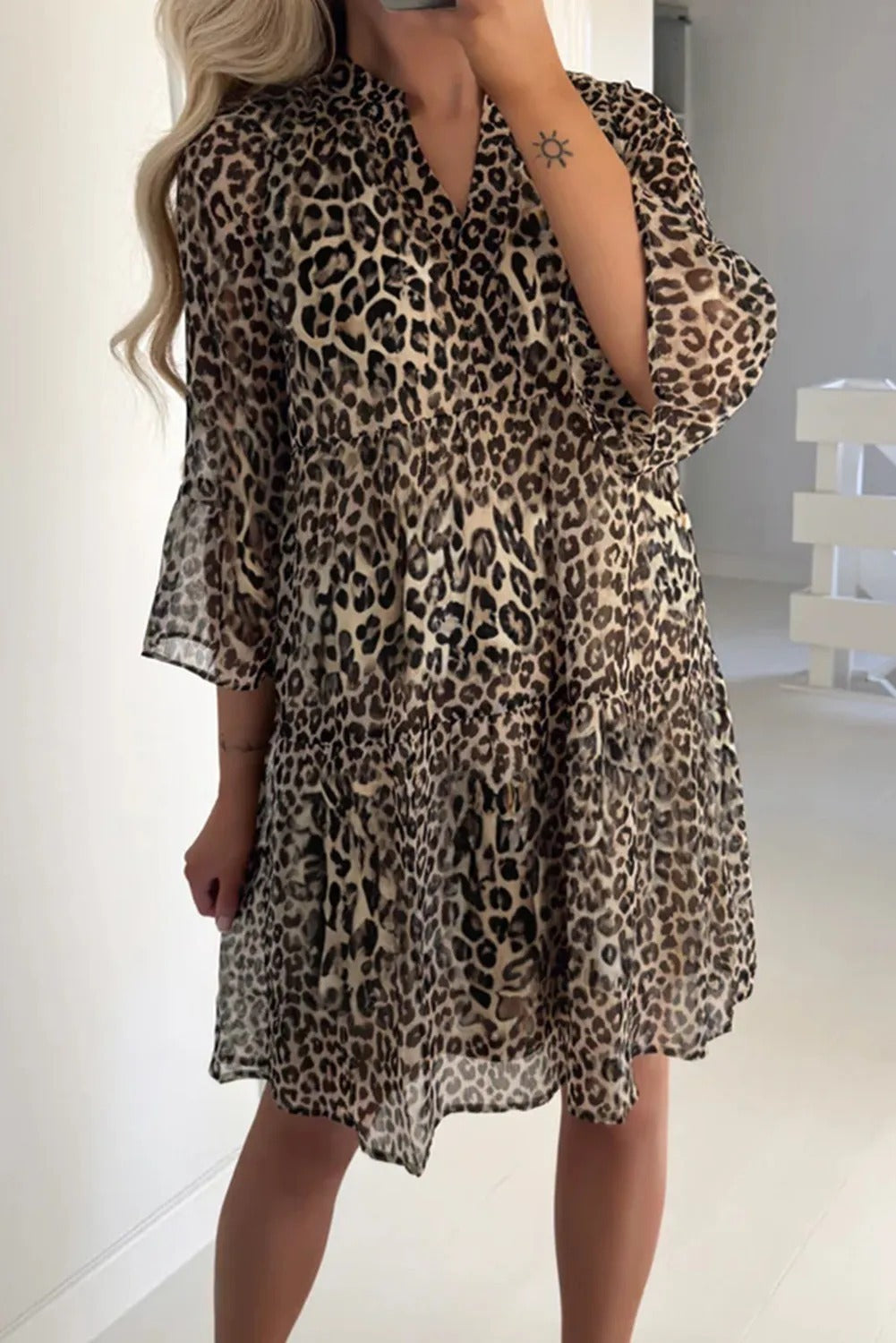 Khaki Leopard Sleeve V Neck Swing Dress