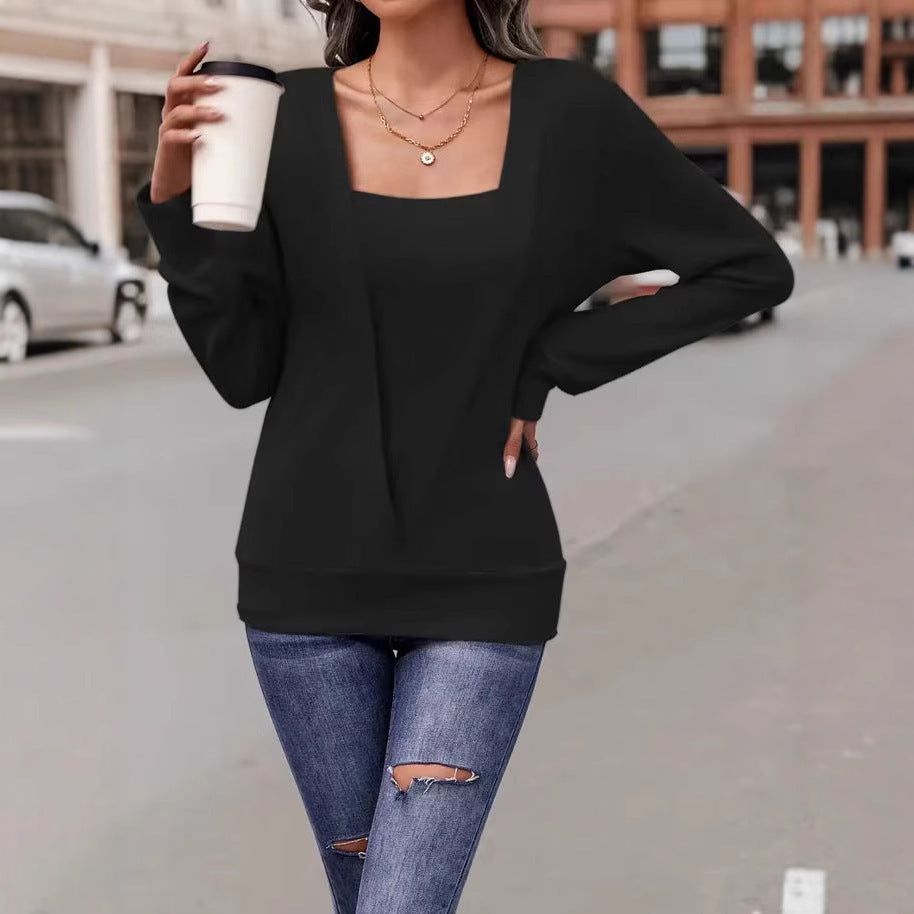 Solid Color Square Collar Pullover Loose-fitting Long Sleeves