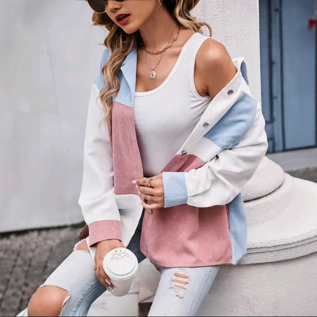 Color Matching Rope Shirt Color Matching Patch Pocket Drop Shoulder Corduroy Coat