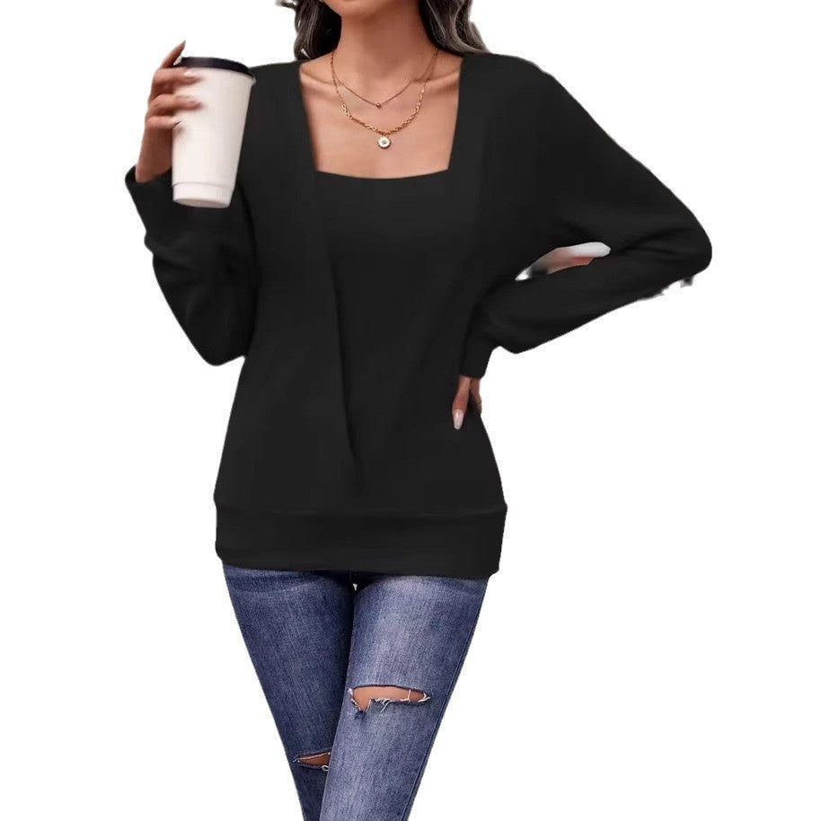 Solid Color Square Collar Pullover Loose-fitting Long Sleeves
