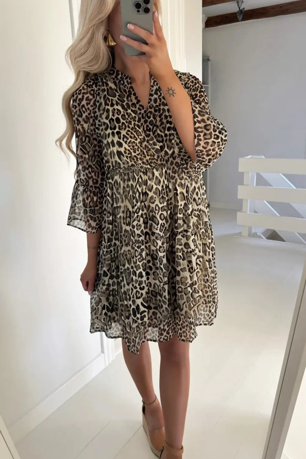 Khaki Leopard Sleeve V Neck Swing Dress
