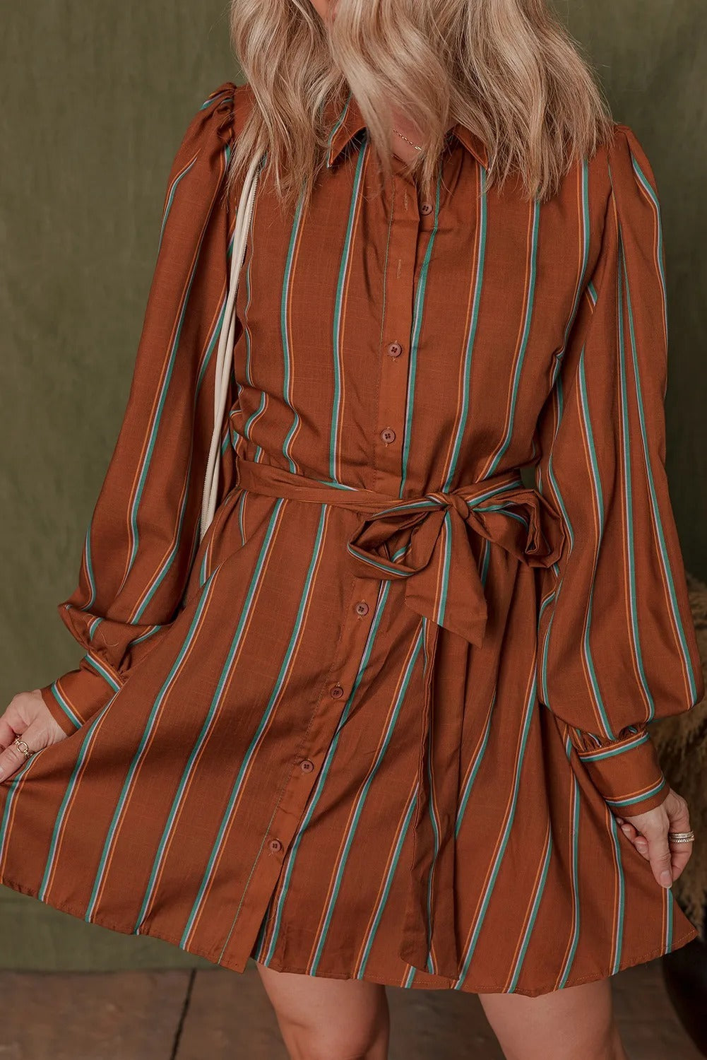 Cinnamon Long Puff Sleeve Belted Mini Shirt Dress