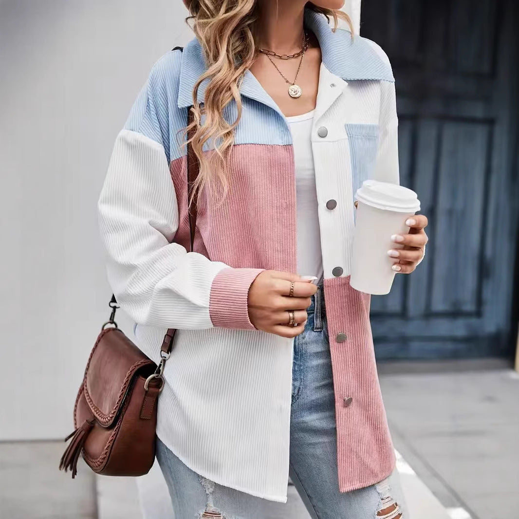 Color Matching Rope Shirt Color Matching Patch Pocket Drop Shoulder Corduroy Coat