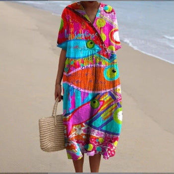 Creative Women Loose Printed V-neck Dress