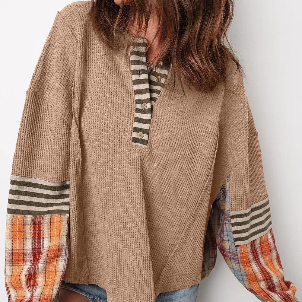 Straw Yellow Waffle Stripe Plaid Patchwork Henley Knit Top