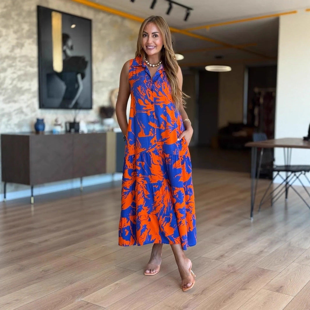 Fashion V-neck Sleeveless Printed Bohemian Dress