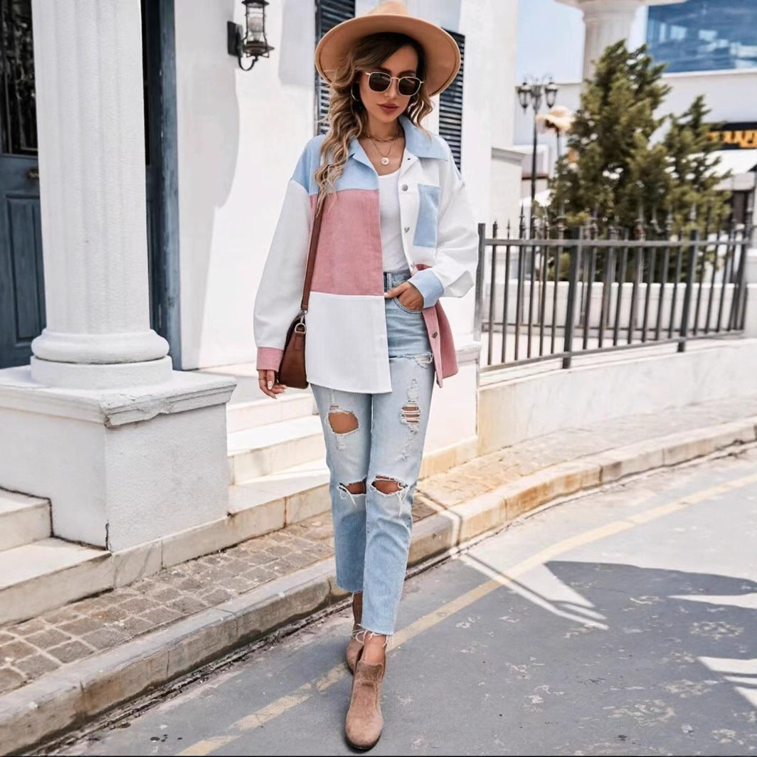 Color Matching Rope Shirt Color Matching Patch Pocket Drop Shoulder Corduroy Coat