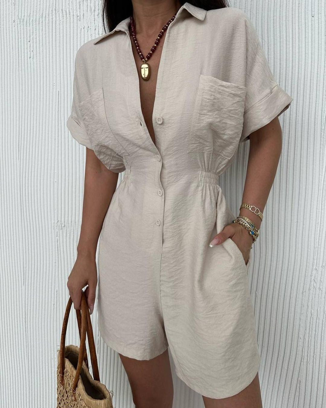 Solid Color Short Sleeve Casual Loose One-piece Shorts Suit