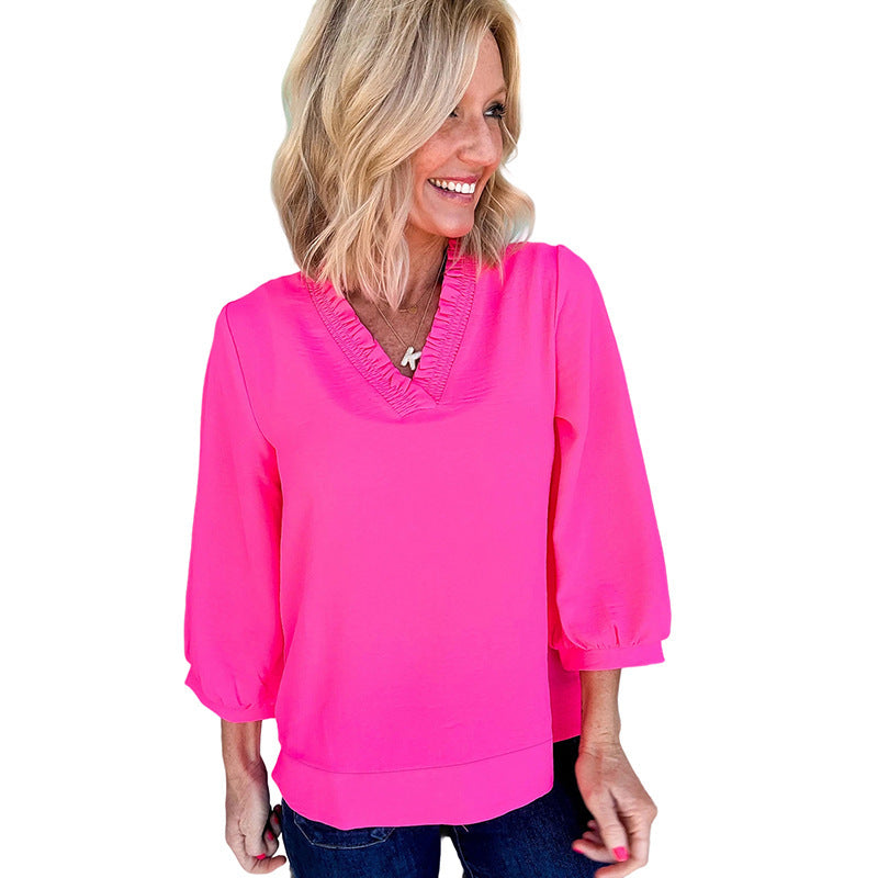 Solid Color And V-neck Women's Loose Casual Chiffon Shirt Top
