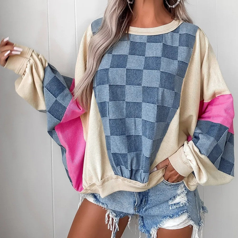Sky Blue Oversized Checkered Denim Exposed Seam Patchwork Casual Sweatshirt