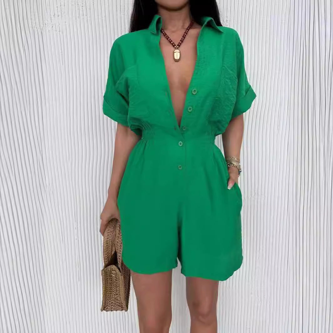 Solid Color Short Sleeve Casual Loose One-piece Shorts Suit
