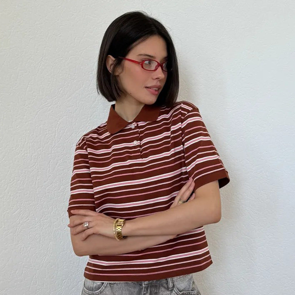 Striped Short-sleeved T-shirt Retro Contrast Color Polo Shirt