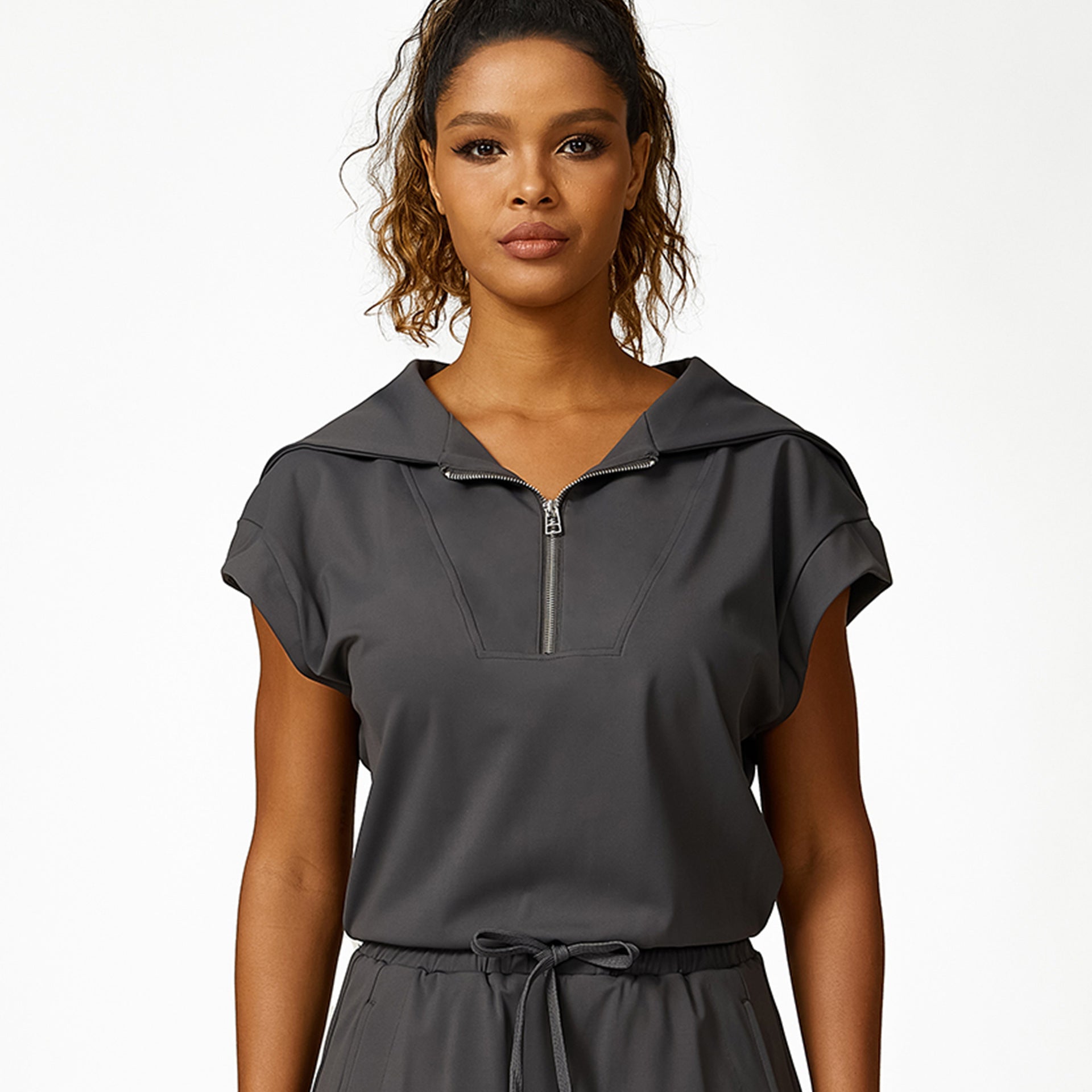 Loose Half Zipper And Lapel Sleeveless Top Casual Trousers Lace-up Shorts Three-piece Set