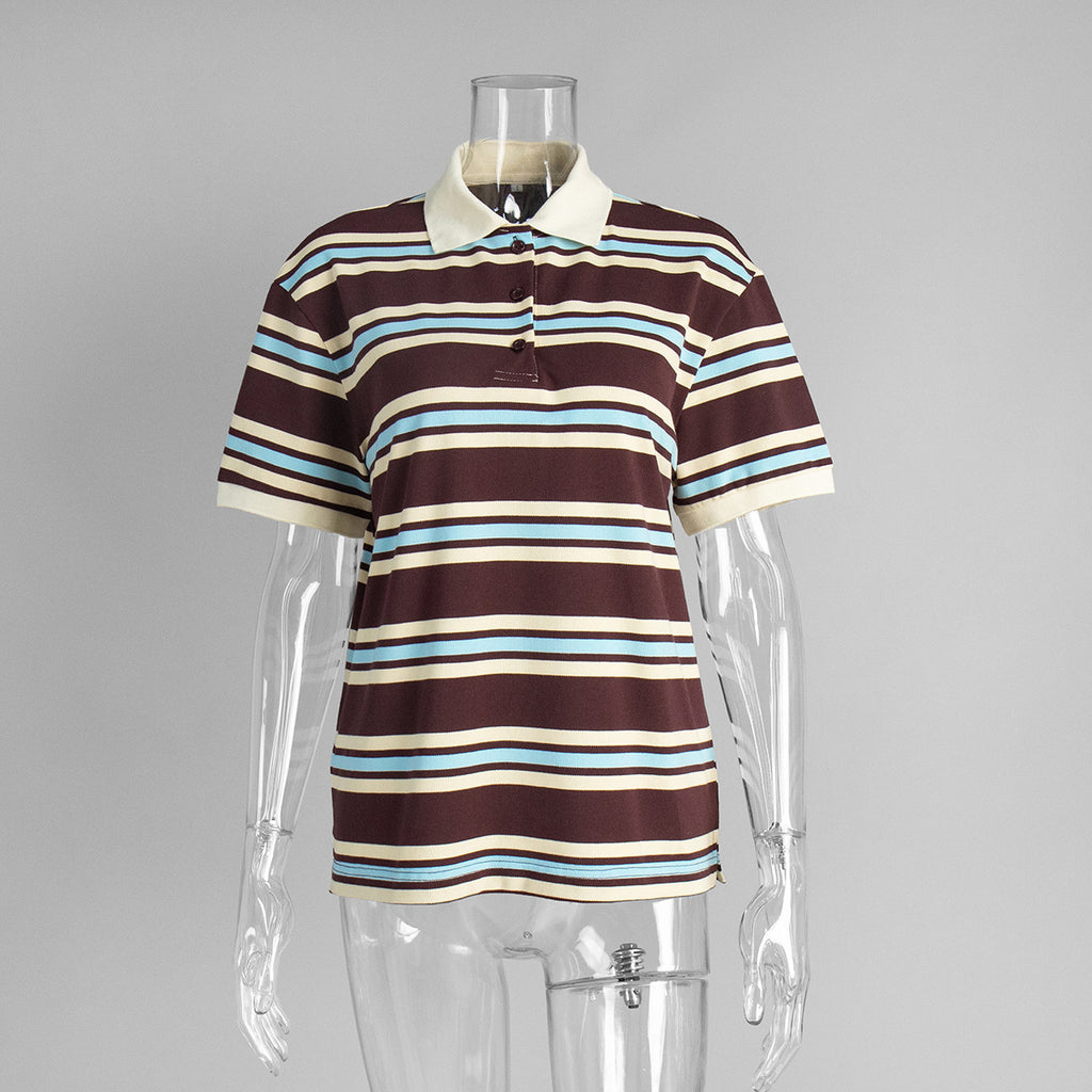 Striped Short-sleeved T-shirt Retro Contrast Color Polo Shirt